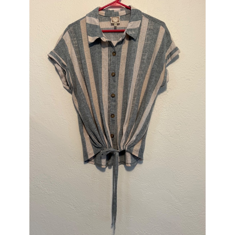 Trueself Womens Blue Beige Striped Short Sleeve Tie Front Button Down Top L